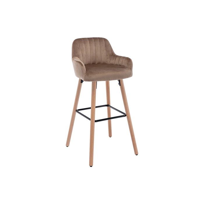 Tabouret de bar en velours et pieds bois de hêtre - Beige - ELEANA Tabouret de bar en velours et pieds bois de hêtre - Beige - ELEANA