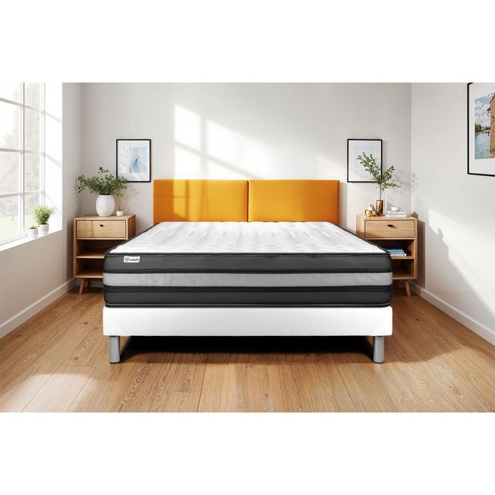 Ensemble Matelas Sommier 200x200 cm - Sommier Blanc (en kit) - Vital Power Zen Blanc