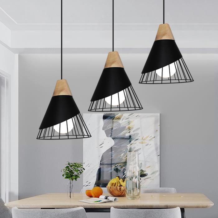Suspension Luminaire 3 lumières en Barre Noir - WOTTES - UNI - Fer Forgé - Bois massif - Extérieur