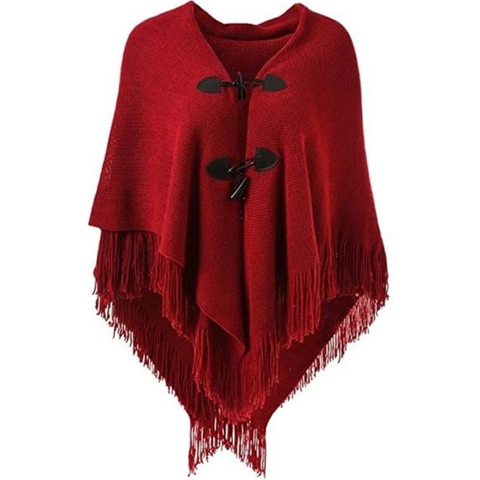 XJYDNCG - Magnifique Cape Poncho Ouvert pour Femme, avec Boutons en Corne Élégant, Encolure en V et Ourlet en V(Rouge)