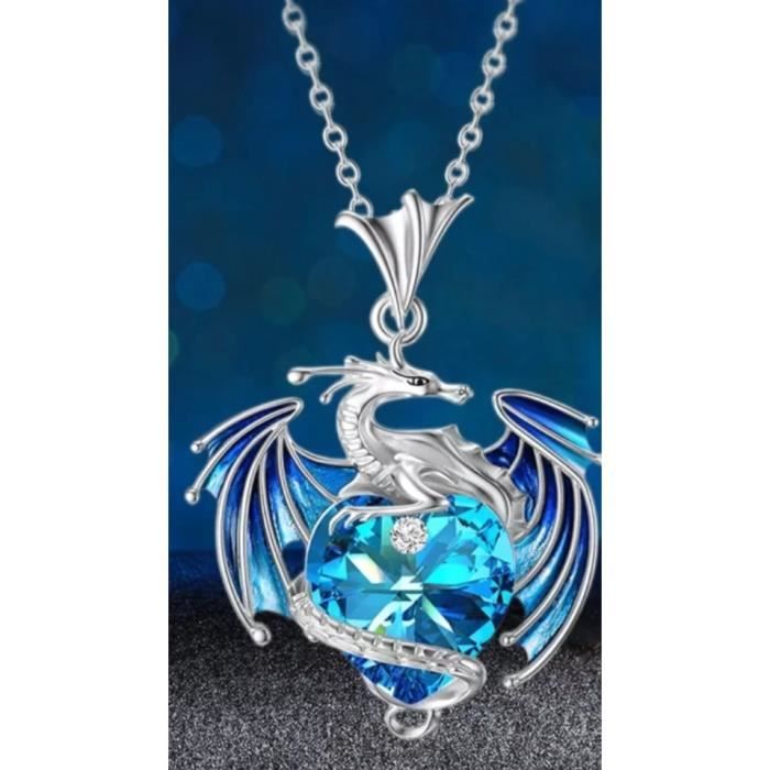 COLLIER DRAGON SUR COEUR BLEU, statuette dragon, figurine dragon