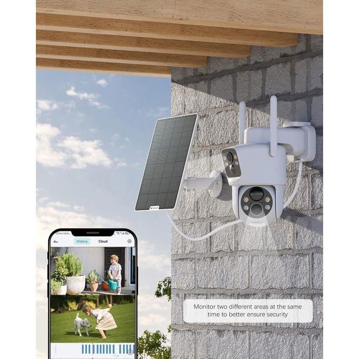COCOCAM Caméra Surveillance WiFi Extérieure 2K Sans Fil - Double Objectif Double PIR, Batterie 10000mAh + Panneau Solaire 6W, IA, Vision Nocturne Couleur