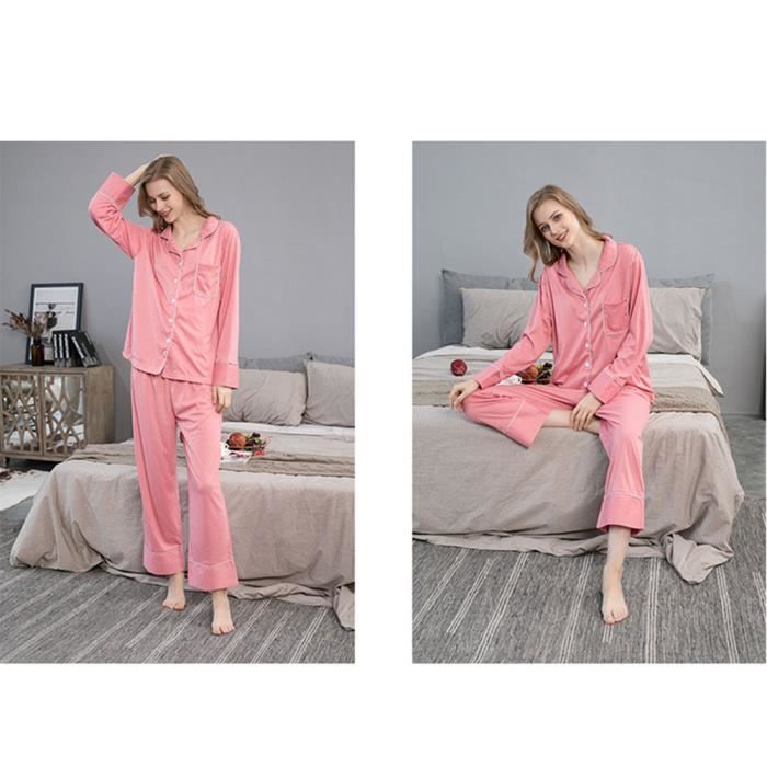 Pyjama Femme 2 Pièces En Coton - Manches Longues, Col En V Boutonné - Confortable, Pour Automne Et Hiver - Tailles M à XXL