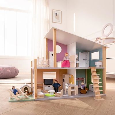 Maison de poupée en bois + meubles miniatures et 4 poupées ROBA - Rouge