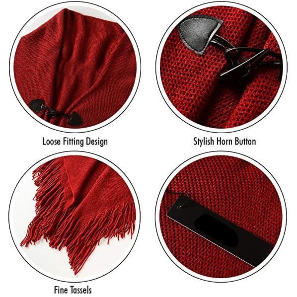Cape Poncho Ouvert Pour Femme Noir - Boutons En Corne, Acrylique, élégant Pour L'hiver