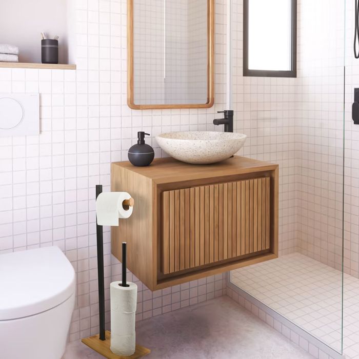 Spirella Porte-Rouleau Papier WC Sur Pied ALVAR - Acier & Bambou - Noir Mat - 20 X 68 X 18 Cm