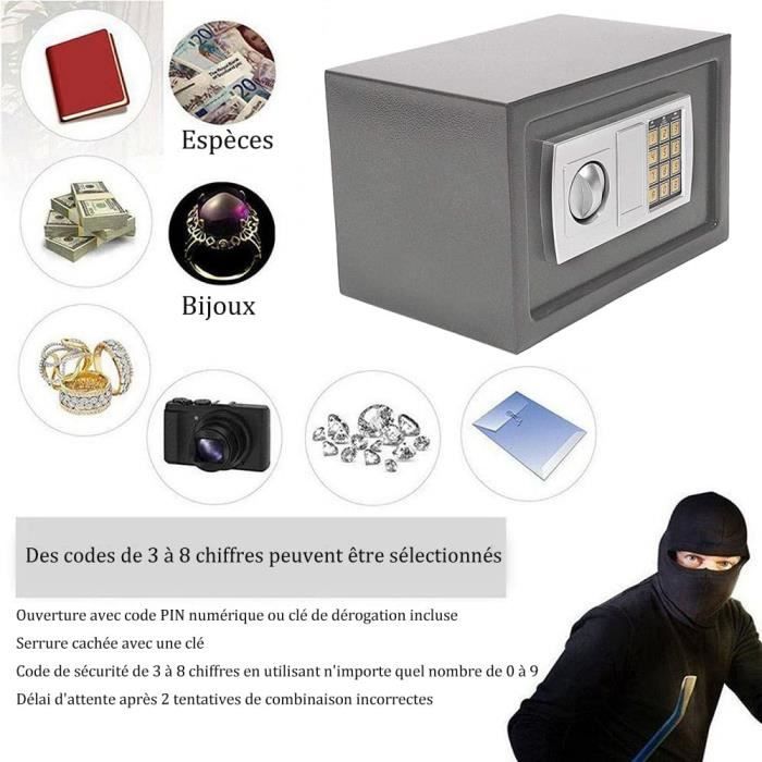 WASJOYE Coffre-Fort Petit à Domicile 8.9L - Armoire Sécurisée Avec Clavier Numérique Et Clé Pour Maison, Bureau, Hôtel, Argent, Documents Et Bijoux