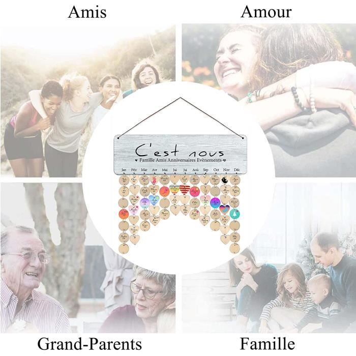 Calendrier Anniversaire Perpétuel Cassiana - Suspension Bois Naturel - 100 Pastilles Personnalisables - Français