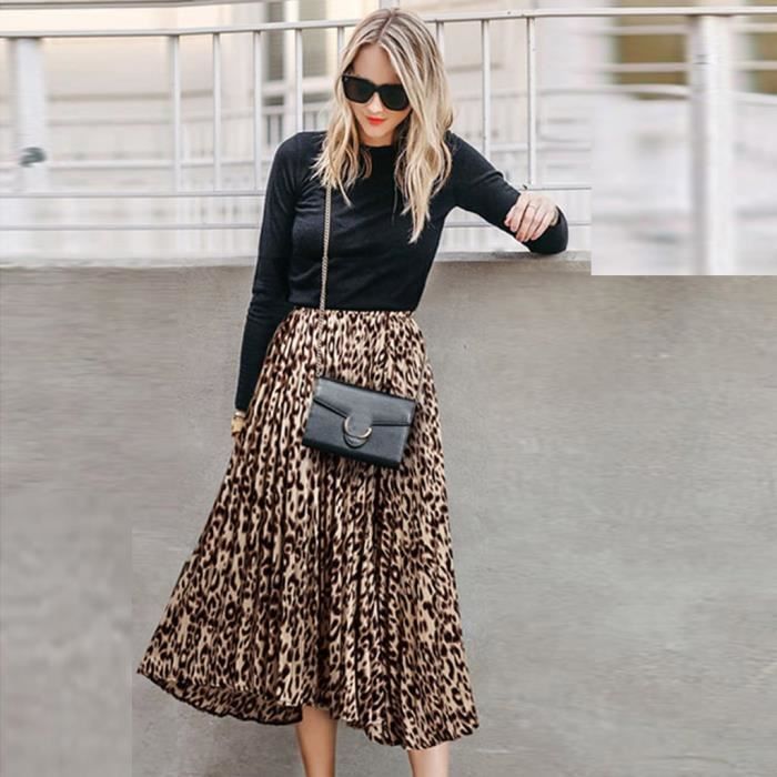 Jupe de soiree plissee en mousseline de soie pour femmes Marron Taille haute Imprime leopard Blanc Cdiscount Pret a Porter