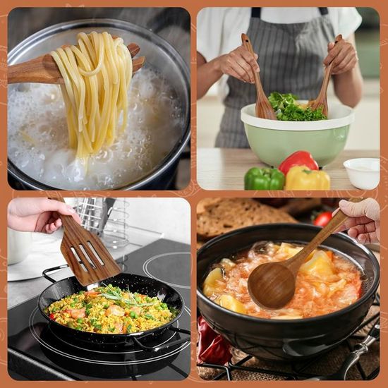 Lot De 7 Ustensiles De Cuisine En Bois Pakka - Poignées Ergonomiques Antidérapantes Avec Détails Cœur - Résistants à La Chaleur