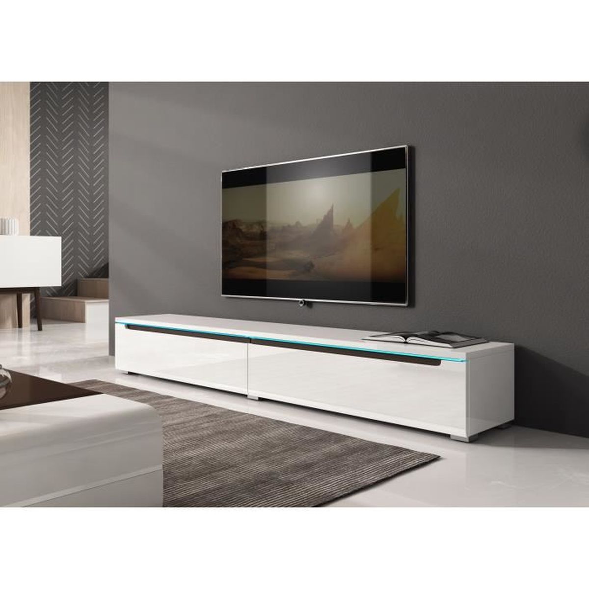 Meuble TV Suspendu Blanc 180cm - 2 Compartiments + Tiroirs - Style Contemporain - Capacité 100kg