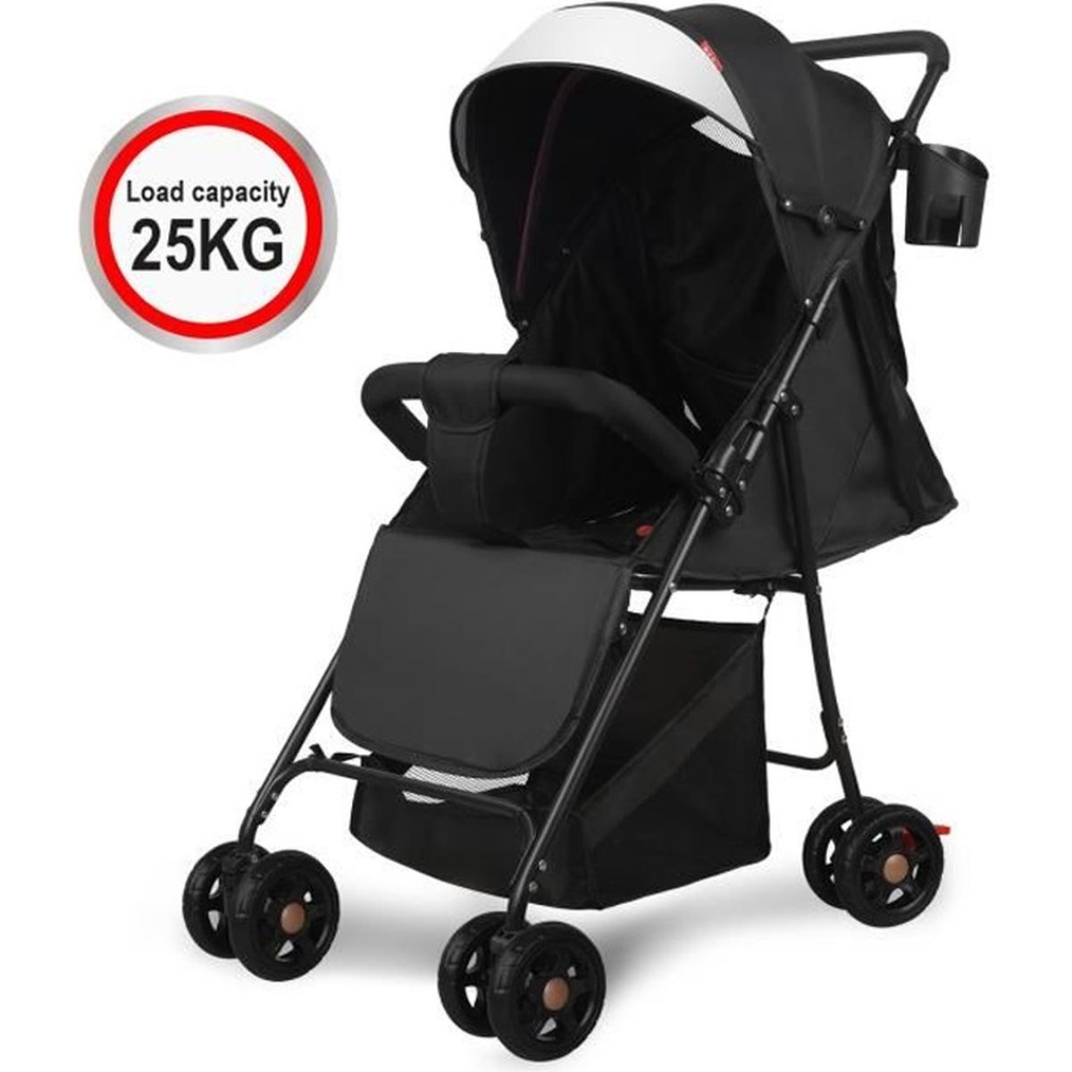 Poussette Canne Compacte OHMG De La Naissance à 4 Ans (25 Kg) | 4 Roues, Position Allongée, Ombrelle | Noir