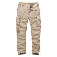 Pantalon Cargo Homme Déchirés Coupe Droite Multi-poches Casual Pantalon en Coton Couleur Unie - Kaki