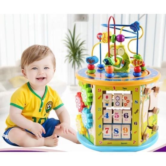 Cube D’activités En Bois Nukdey – Labyrinthe De Perles Et Motifs Océaniques, Jeu éducatif 3 Ans+, Motricité Et Couleurs