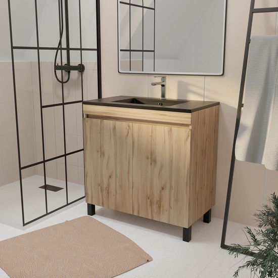 Ensemble Meuble De Salle De Bain 80 Cm Chene Noir Vasque Noire