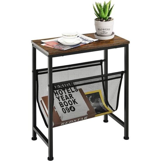 Table D'Appoint COSTWAY Style Industriel – Bout De Canapé Étroite 2 Niveaux Avec Porte-Revue Maille – 48x18x54,5 Cm