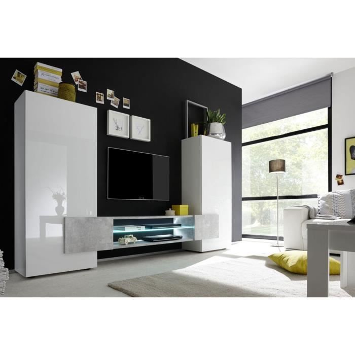 LAURIANE LAQUE BLANC ET BETON ENSEMBLE MEUBLE TV HAUTE TENDANCE