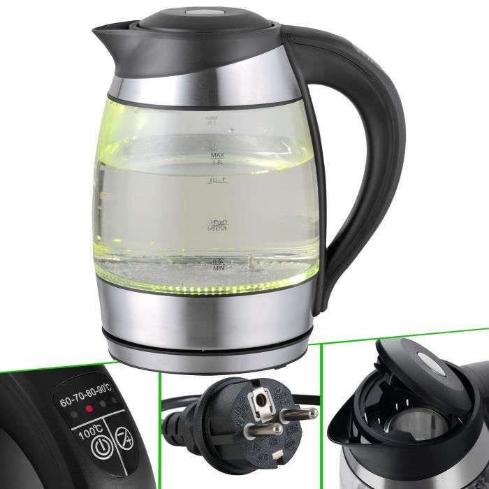 Arebos Bouilloire en Verre et Acier Inoxydable avec LED 1,8 L 2200 W Sans BPA