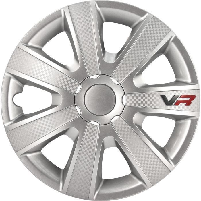Jeu de 4 Enjoliveurs Vr 15'' Argent Look Carbone
