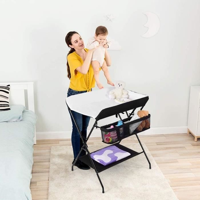 HAMP® Table à Langer Pliable/Portable pour Bébé avec Panier de Rangement, Plan à Langer Hauteur ergonomique, Tissu imperméable, Noir