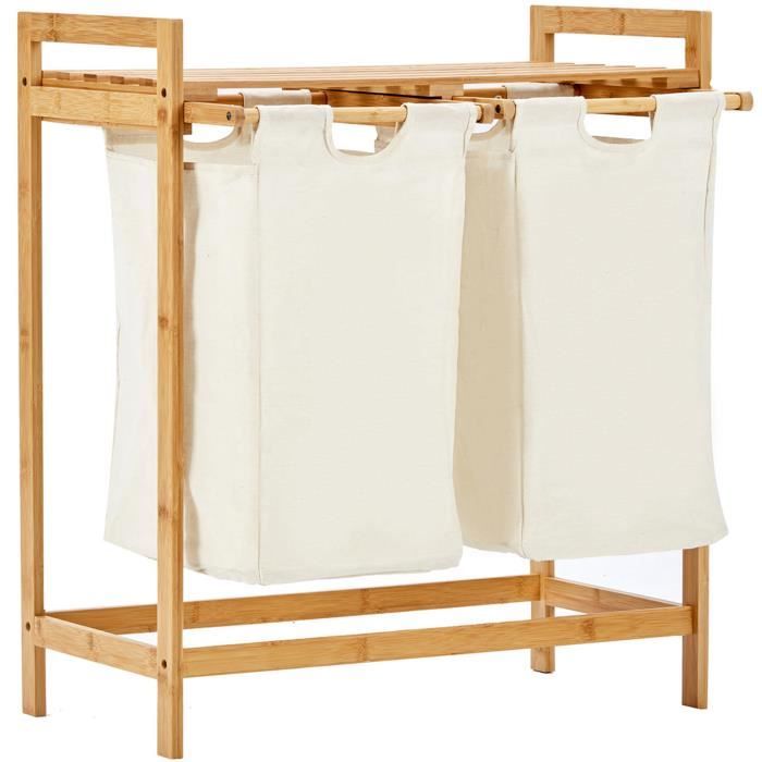Panier a linge sur pied bambou - 2 Paniers a linge sale - Tissu Blanc - Corbeilles a linge - Salle de bain - 64x33x73cm