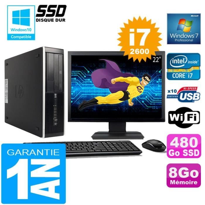 PC HP Compaq 8300 SFF Core I7-2600 Ram 8Go Disque 480 Go SSD Wifi W7 Ecran 22-