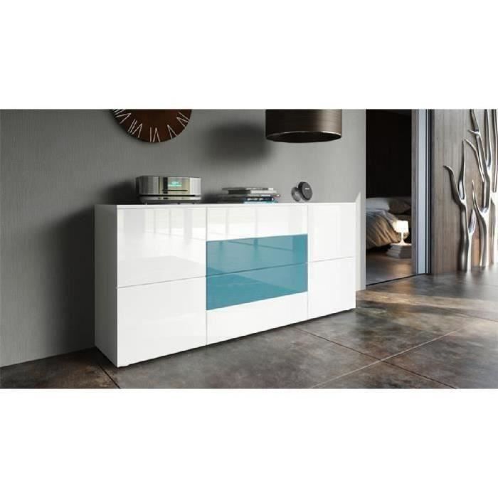 Buffet blanc mat et façade laquée turquoise et blanc