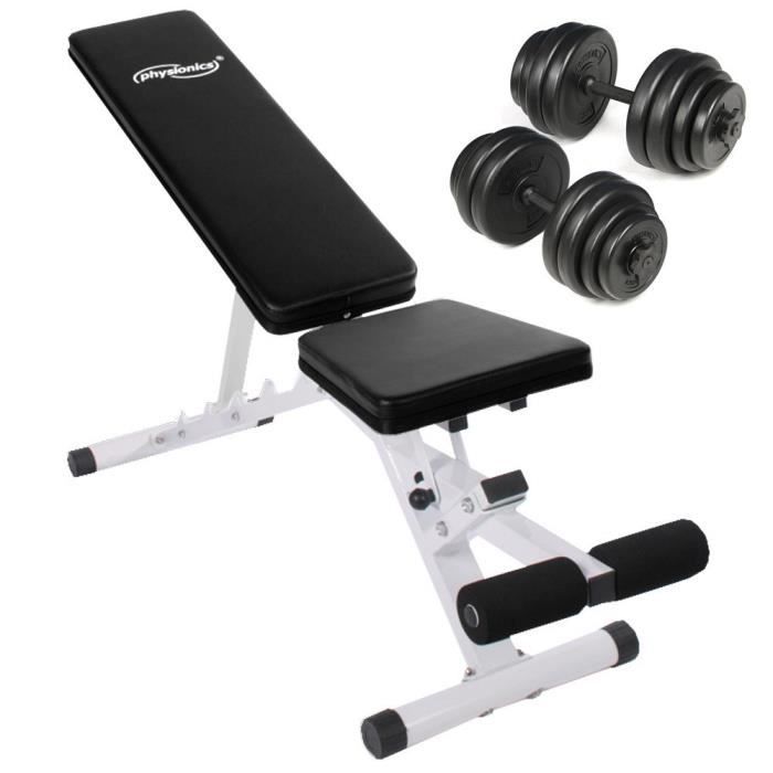 Physionics® Banc de Musculation + Set d'Haltères Courts (2x15kg) - Inclinable/Réglable - Banc d'Haltérophilie, Multifonction, Poids