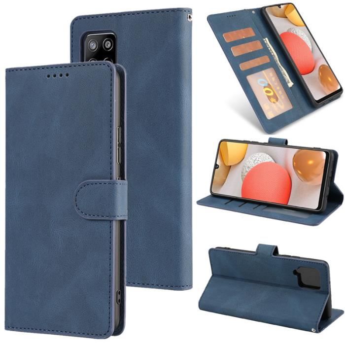 Étui Samsung Galaxy A12, Portefeuille à Rabat Porte-Cartes en Cuir Housse Protection Simple Ultra-fin Support, Bleu