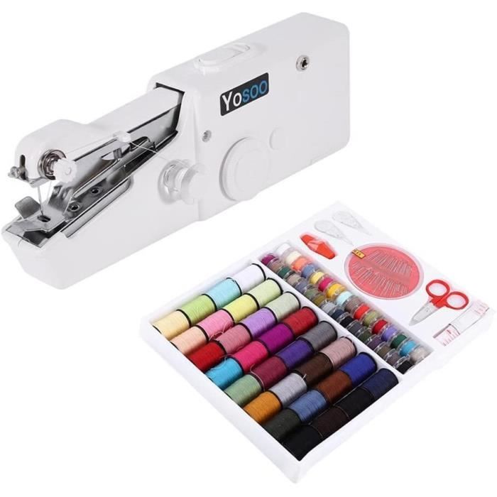 Mini Machine À Coudre Portable Manuel + Boîte Fils à Coudre 64 Bobines pour couture tissu fin (Tissu d'épaisseur max 1.8mm)