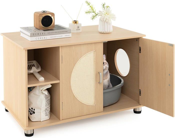 Comparer les prix de GOPLUS Maison de Toilette pour Chat, Meuble Litière pour Chat, Portes à Gratter en Sisal, Pieds Métalliques Réglables, 82x48x52cm