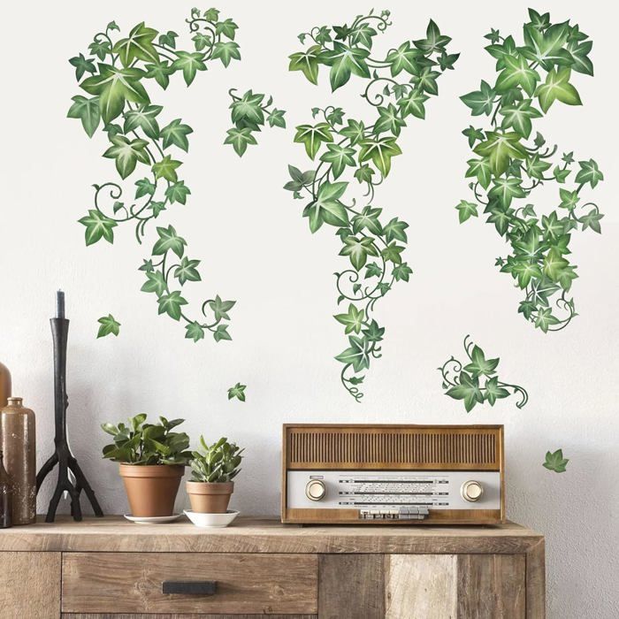 Stickers Muraux Feuilles Tropicales Decalmile - Autocollants Verts Plantes Et Oiseaux 30x90cm