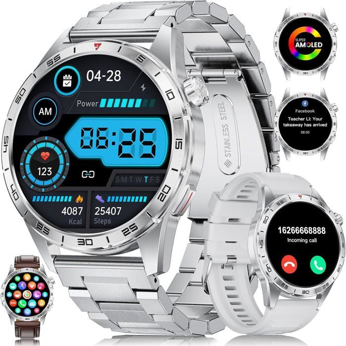 Montre Connectée LIGE Homme - Écran AMOLED 1,43" | 400mAh | IP68 | Bracelet Acier/Cuir | Appels, Santé