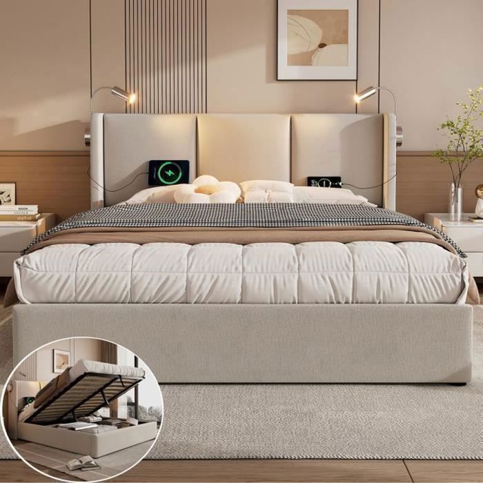 Lit coffre double 160 x 200 cm en lin beige Coffre de rangement avec lampe de lecture et USB Sommier à lattes Sans matelas