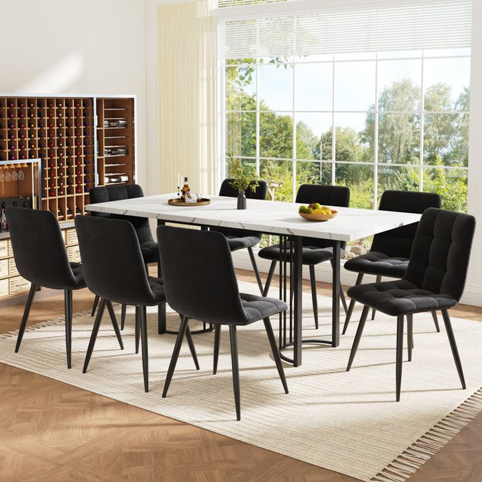 Ensemble Table et Chaises Salle a Manger 179.5 x 80 x 75.5 cm Table a Manger avec 8 Chaises en Velours Noir Structure en Métal
