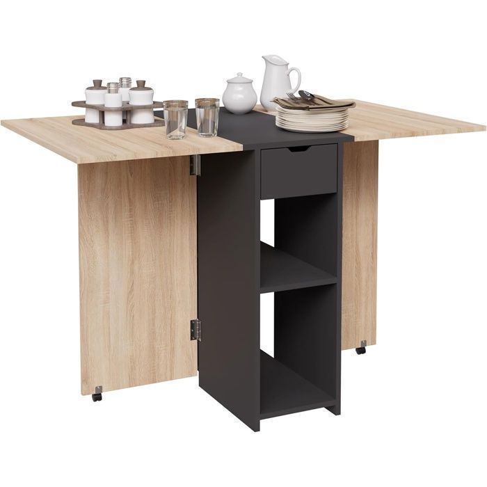CASABEL – Table à Manger Pliable Centre Noir et Plateau Bois Clair 2-4 Pers – Gain de Place pour Salle à Manger Cuisine