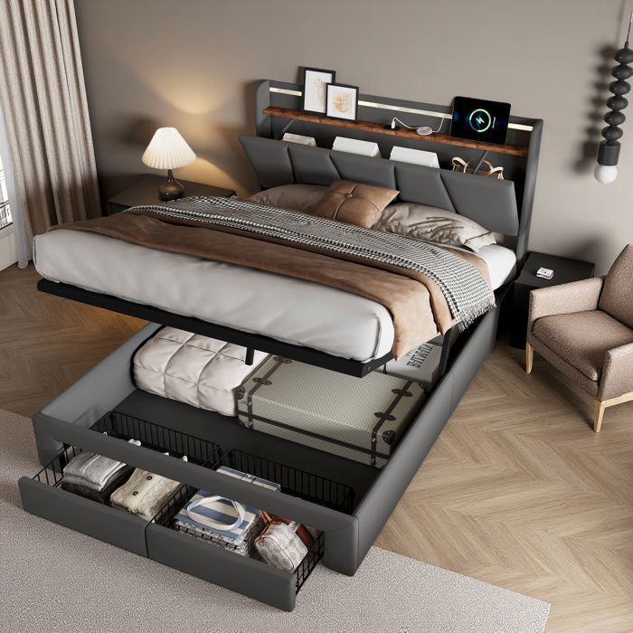 ADWOLT Lit coffre 140x190 cm avec LED lit adulte avec sommier à lattes ports USB Type C 2 tiroir tête rangement lin