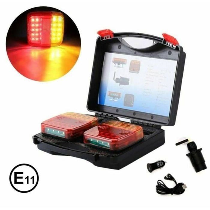 Lot De 2 LED Feux Arrières E11 Marqué Homologué A Base Magnétique Sans Fil Wireless 5 Fonctions Universels Pour Auto Tracteur
