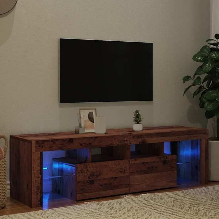 Meuble TV avec LED - vidaXL - 140x36 5x40 cm - Vieux bois - Bois dingénierie et verre - 2 portes - 4 étagères