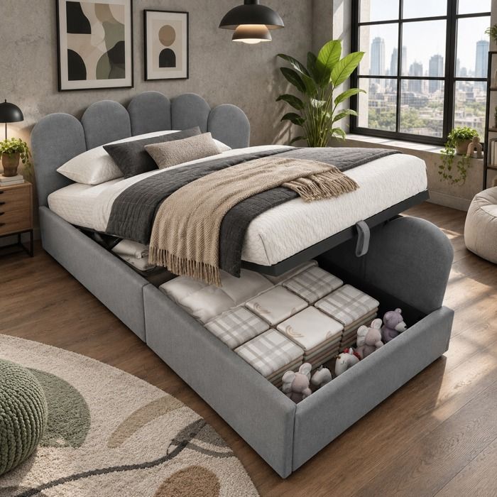 Lit banquette 90x190 cm EVRYAE avec rangement hydraulique sommier à lattes métal velours gris sans matelas