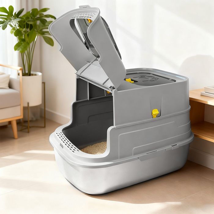 Comparer les prix de Bac Litiere pour Chat XL Litière en Acier Inoxydable avec Couvercle Bac Litiere pour Chat Cat Litter Box Gris HUOLE