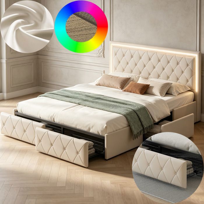 Lit 160x200 cm - DRELYGWEA - LED - 4 tiroirs - Sommier à lattes - PU beige - cadre de lit double 160x200 - Lit 2 Places