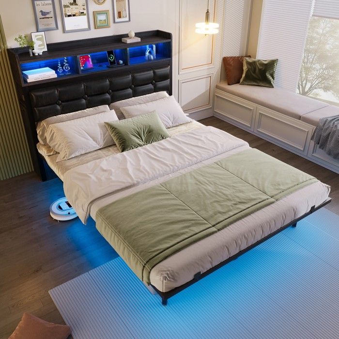 Lit double 140x200cm LED lit rembourré sommier à lattes lit coffre 2 tables de chevet coulissantes ports Type-C USB gris