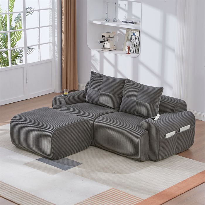DRIPEX Canapé d'angle 2 places modulaire en velours côtelé avec un pouf ...