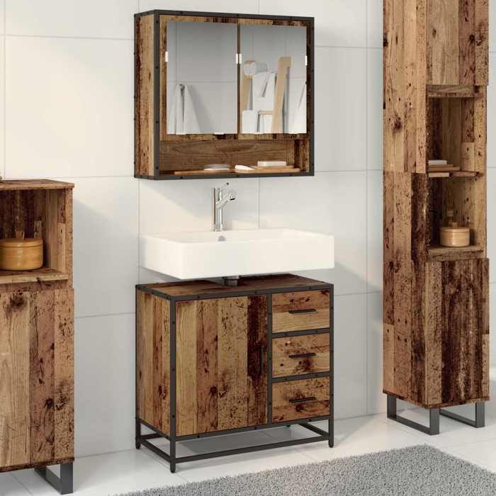 Marron Ensemble de mobilier de salle de bain 2 pièces SARAZYJ ARMOIRE WC MODERNE Bois Ancien E1828