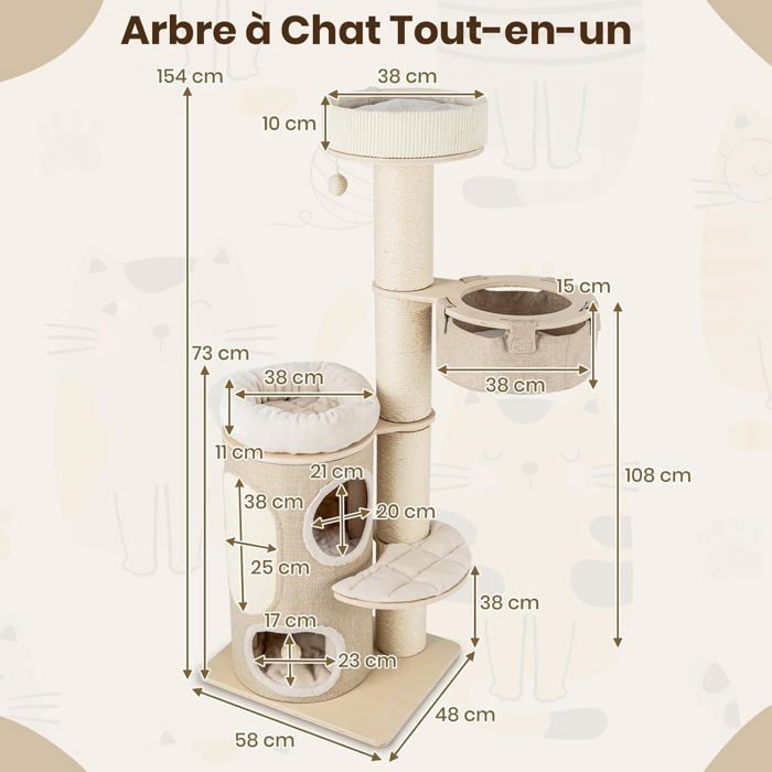 Meilleurs prix pour GIANTEX Arbre à Chat 154 CM Centre dActivités Multi-Niveaux avec Condo à 2 Étages pour Chat 2 Perchoirs Hamac Balle Interacti