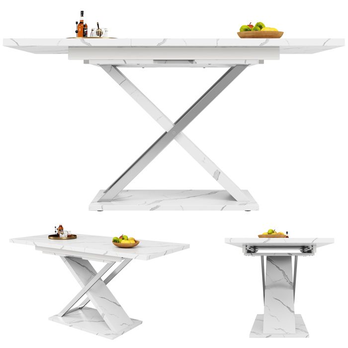 Table à manger extensible 118x75x76.4 cm avec rallonge 157 cm pieds croisés MDF effet marbre et métal Blanc