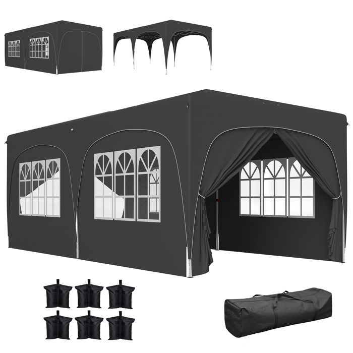 Tonnelle pliante 3 x 6m Pop Up - Outsunny - Hauteur ajustable - sac de transport et sacs de sable - gris foncé