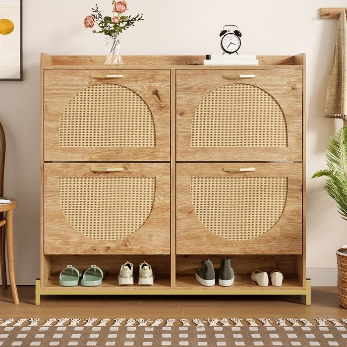 Meuble à Chaussures Élégant en Bois avec Portes en Rotin - 4 Abattants Cadre Métal & Étagère Supérieure - 108 5 x 24 x 100 cm