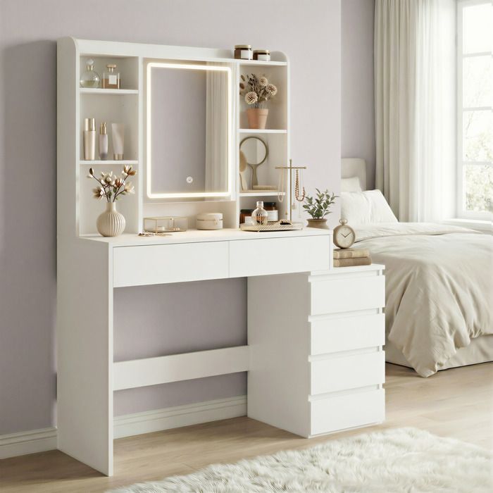 Coiffeuse avec Grand Miroir LED à Luminosité Réglable Multiprise 40 x 105 x 145 cm Blanc
